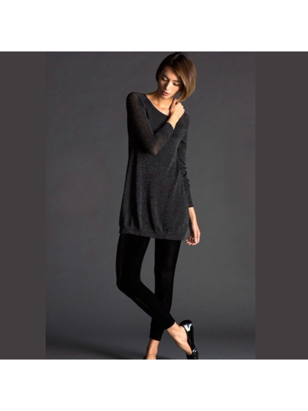 EILEEN FISHER Merino Wool Blend Silver Sparkle Black Tunic Length Sweater Sz 2X